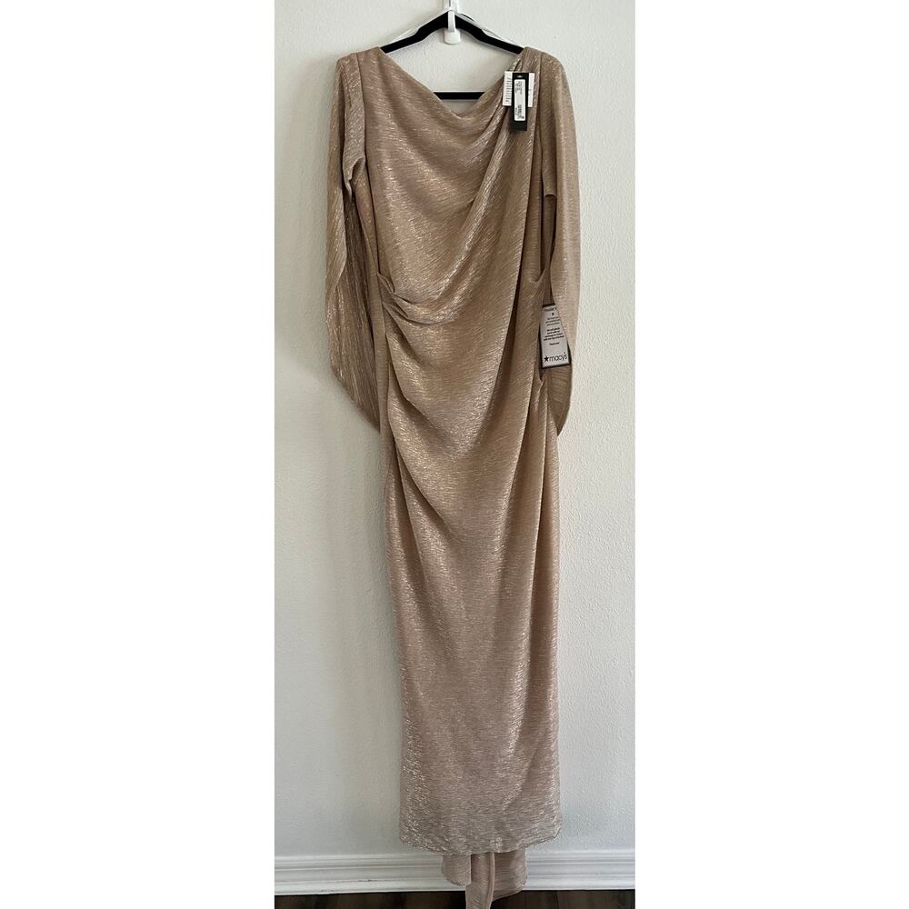 NWT Betsy & Adam Sz 18W Gold Silver Draped Cape Formal Dress